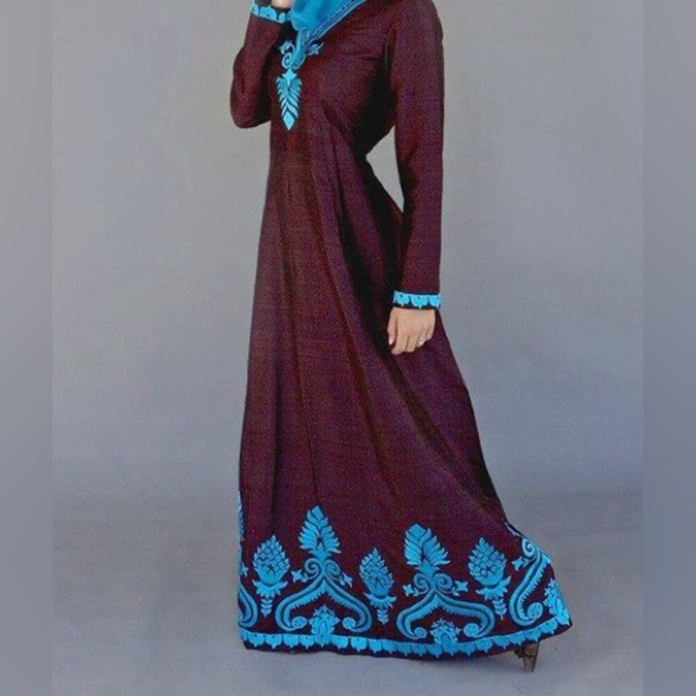 Raw Silk Brown and Turquoise Blue Long Sleeve V-Neck Gown